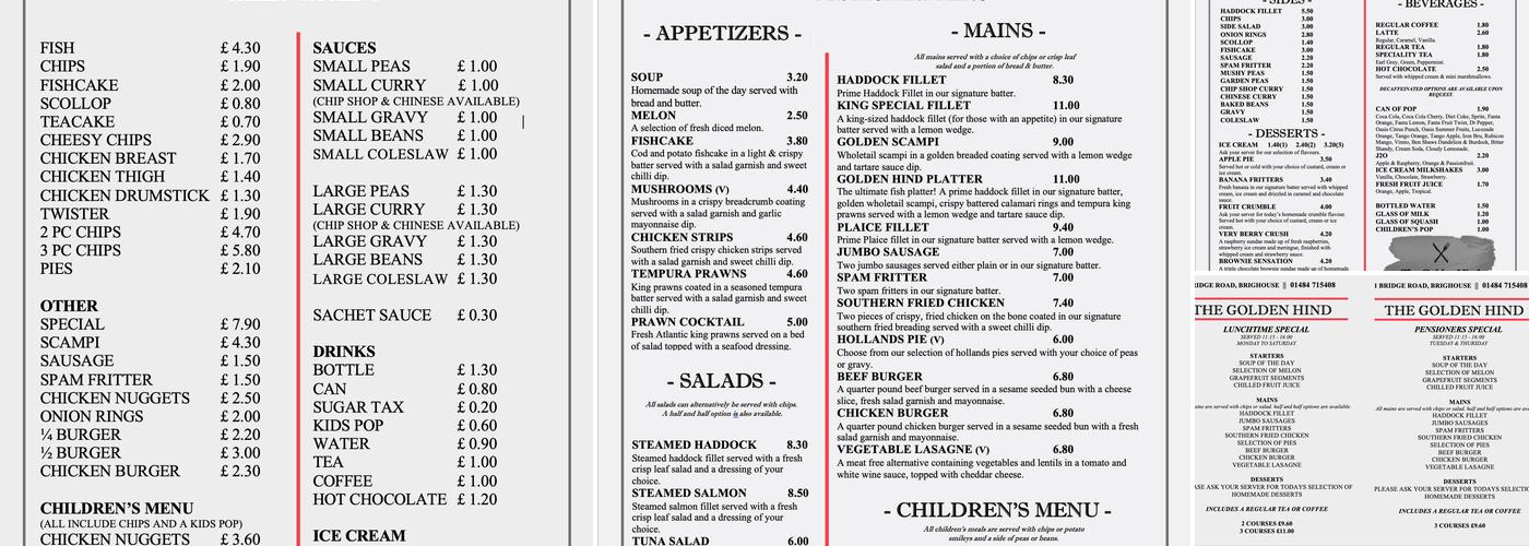 The Golden Hind Fish and Chips Menu