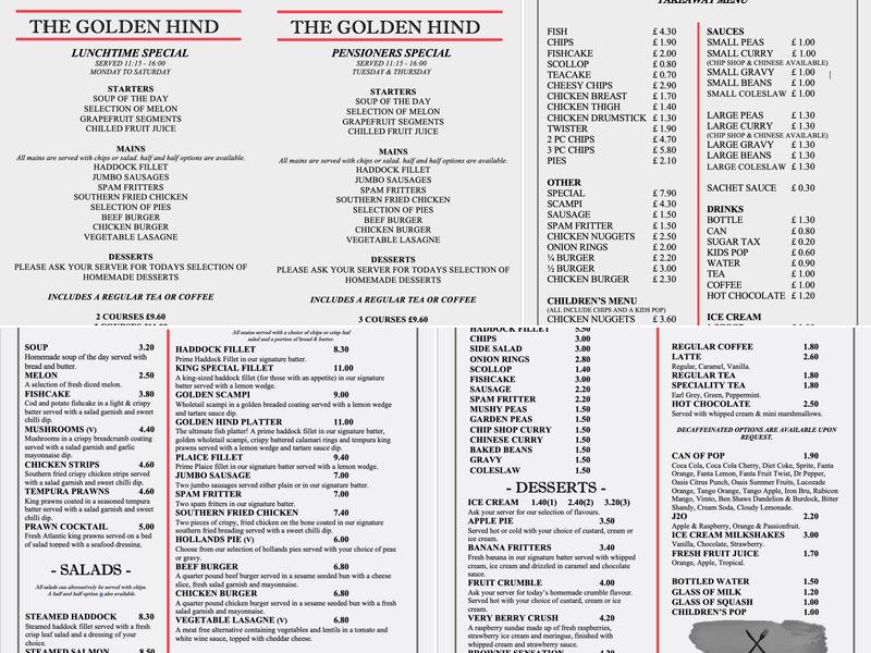 The Golden Hind Fish and Chips Menu