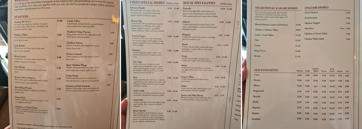 Indus Restaurant Menu