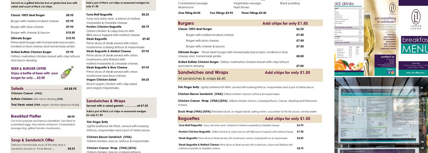 Lords Cafe Bar Menu