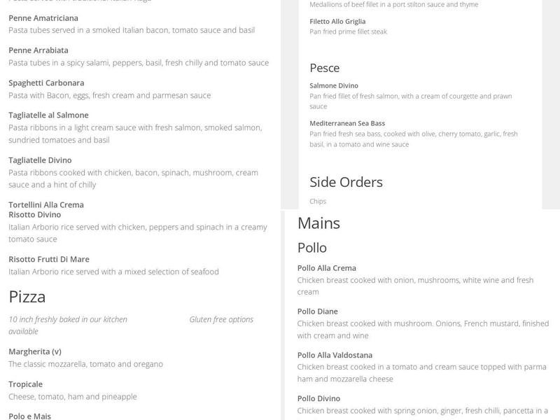 Divino Italian Restaurant Wigan Menu