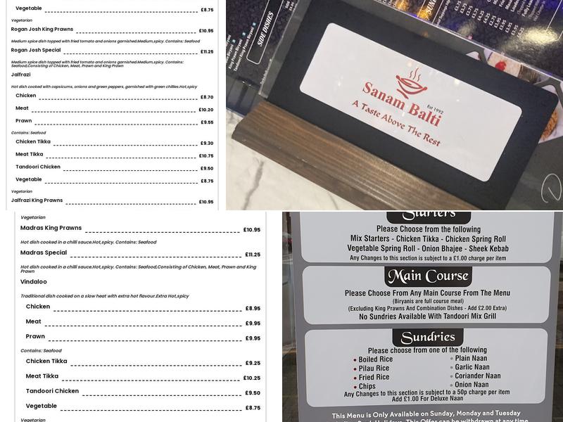 Sanam Balti House Menu