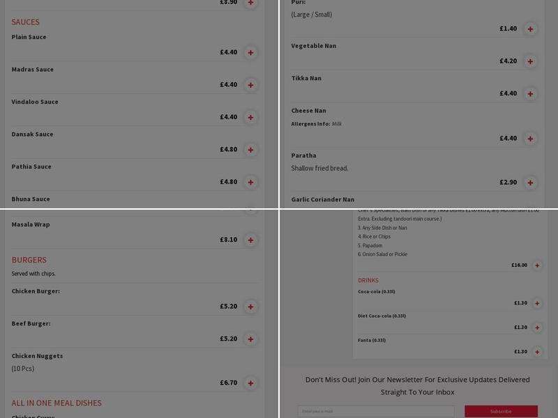 Bill Quay Tandoori Menu