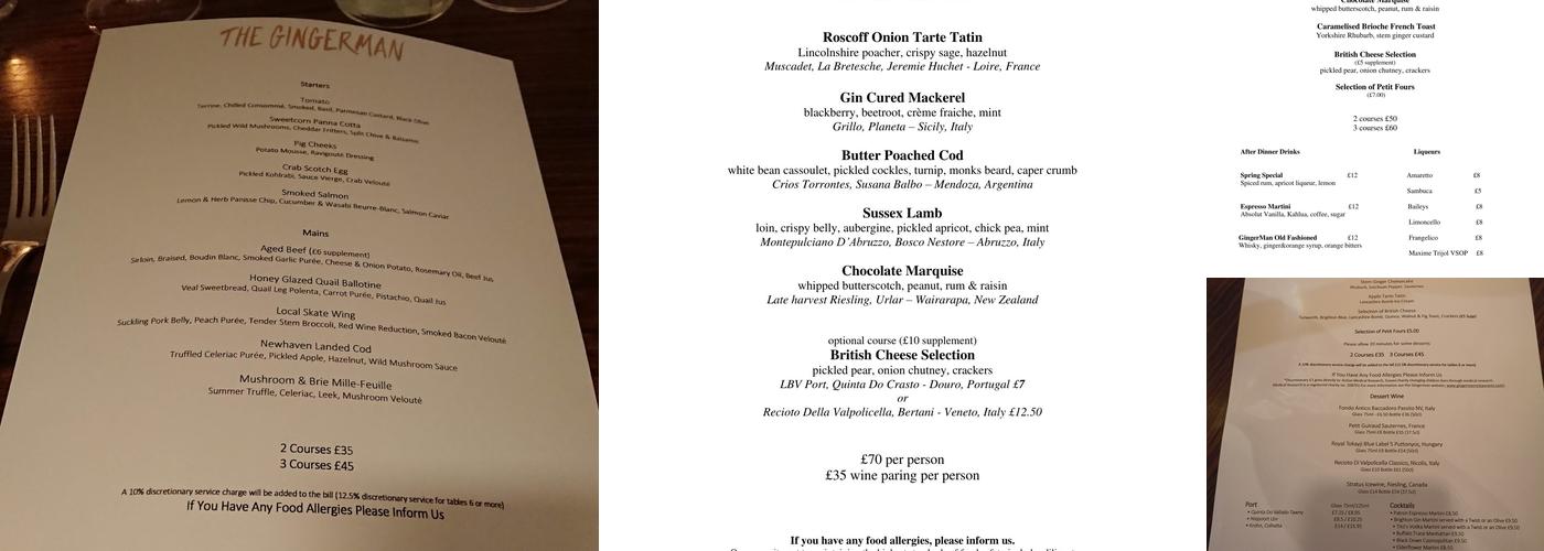 The Gingerman Menu