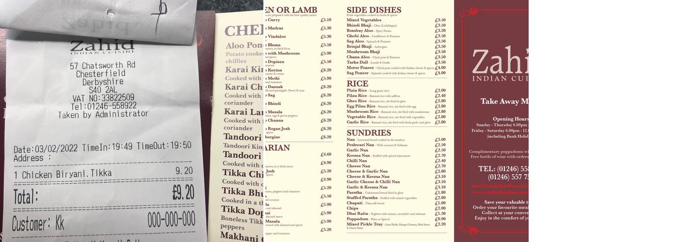 Zahid Indian Cuisine (LimeTree North Limited) Menu