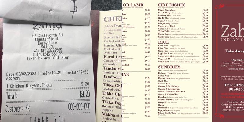 Zahid Indian Cuisine (LimeTree North Limited) Menu