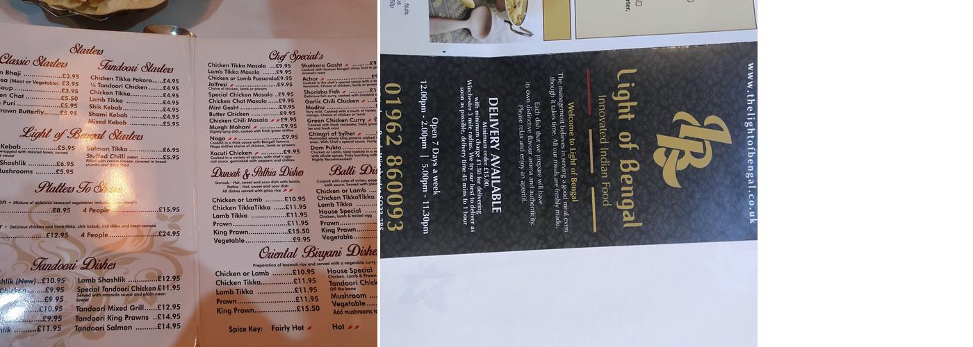 The Light Of Bengal Menu