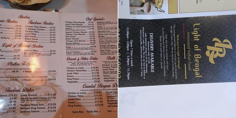 The Light Of Bengal Menu