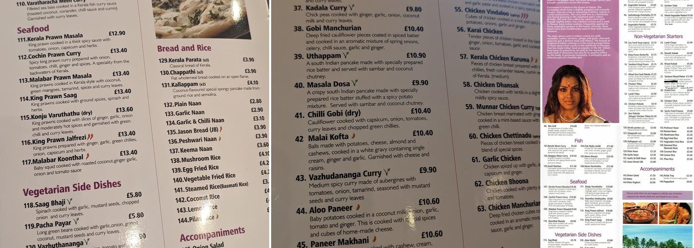 Kohinoor of Kerala Menu