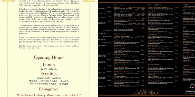 Raj Of Black Dam Menu