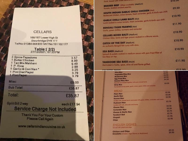 Cellars Cuisine Menu