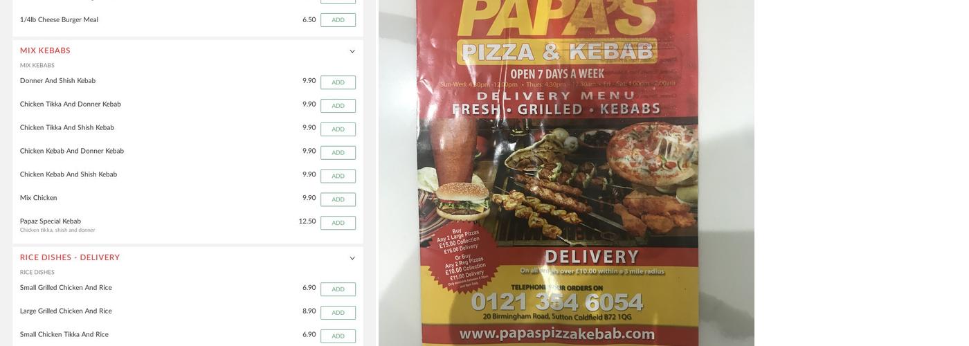 Papa's Pizza And Kebab Menu