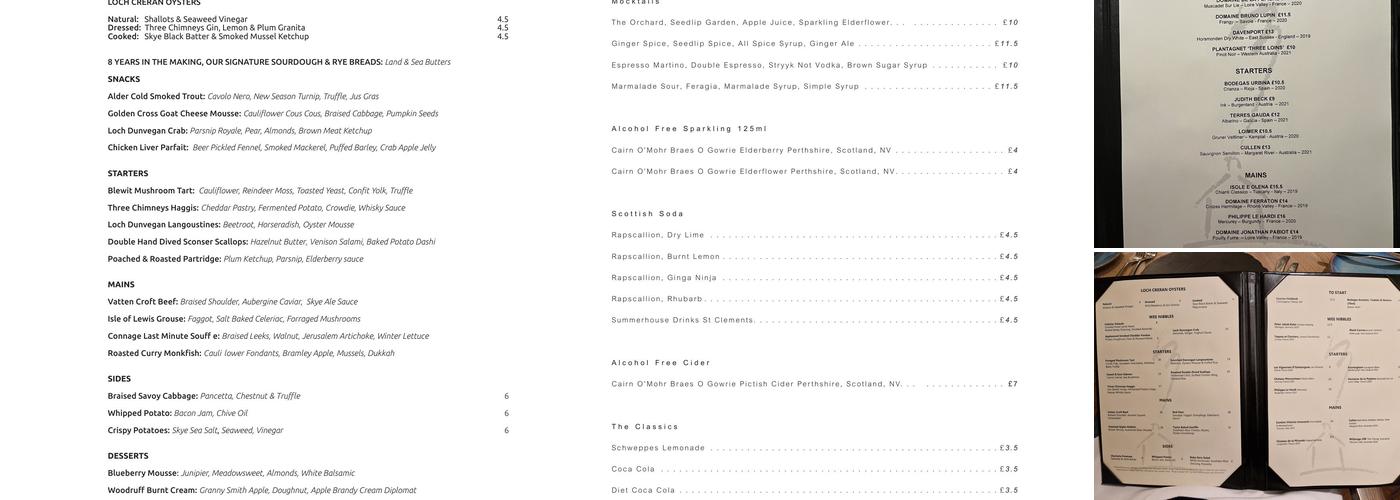 The Three Chimneys and The House Over-by Menu