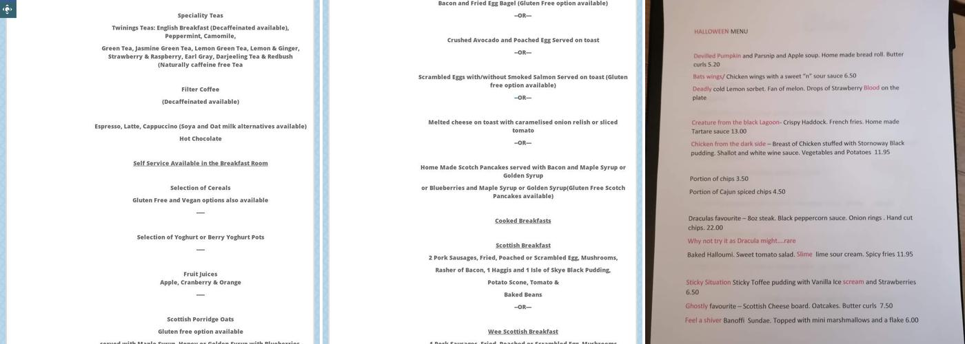 The Tables Guest House Menu