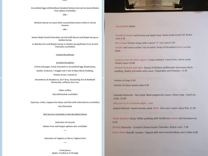 The Tables Guest House Menu