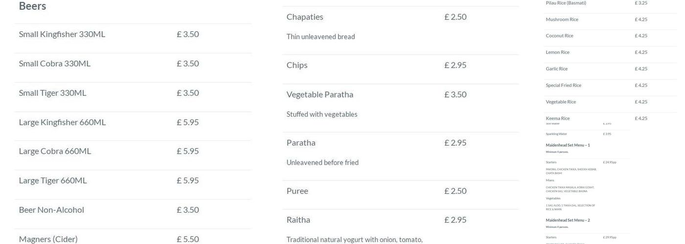 Maidenhead Spice Menu
