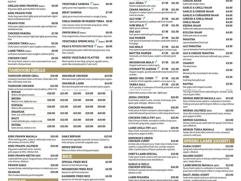 Emperor Of India Menu