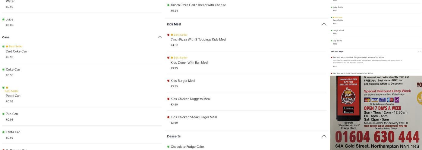 Northampton Best Kebab Menu