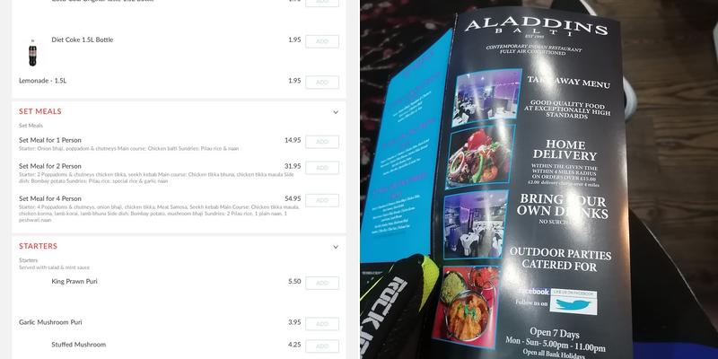 Aladdins Balti Menu