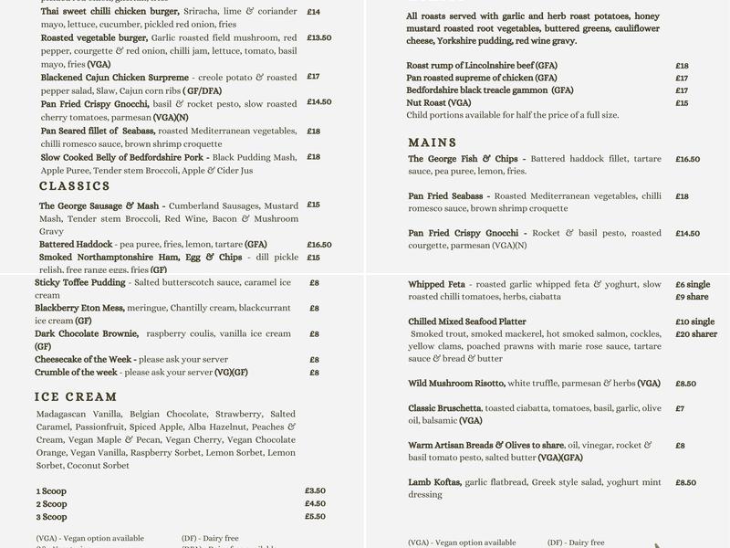 The Royal George Menu