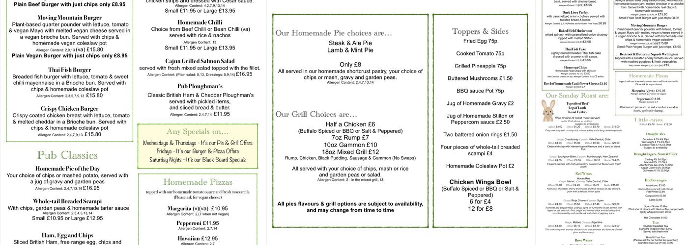 Black Horse Foxton Menu