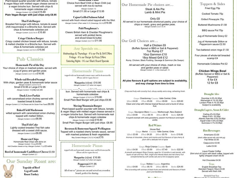 Black Horse Foxton Menu