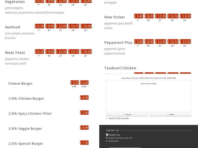 Family Pizza and Kebab House Menu