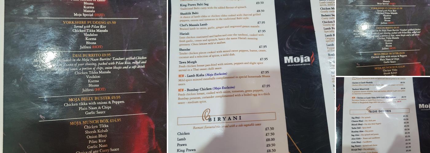 Moja Indian Takeaway Menu