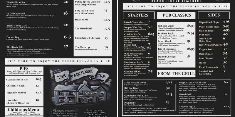 The Black Horse Inn, Limbrick Menu