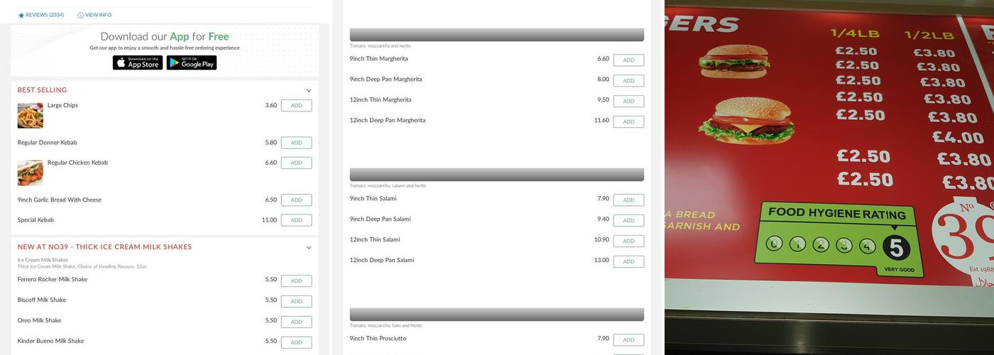 No. 39 Kebab and Pizza House Menu