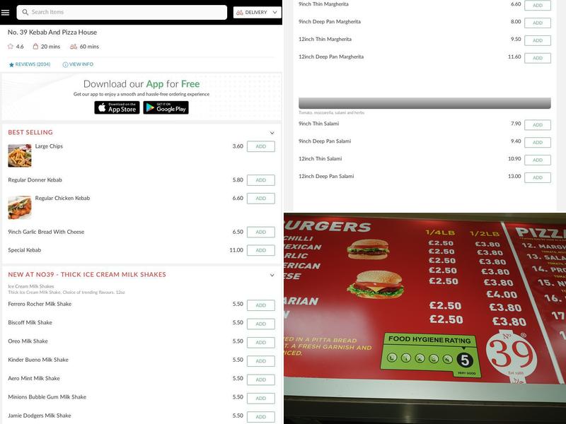No. 39 Kebab and Pizza House Menu
