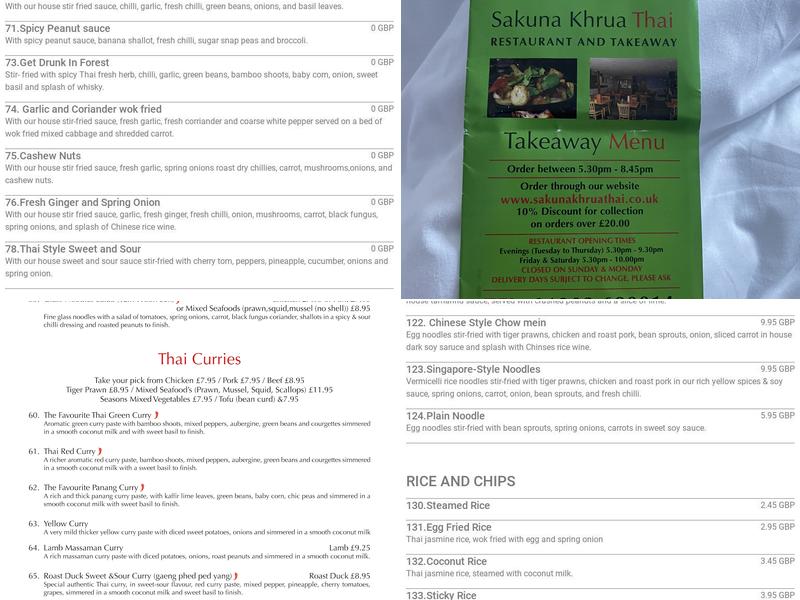 Sakuna Khrua Thai Menu