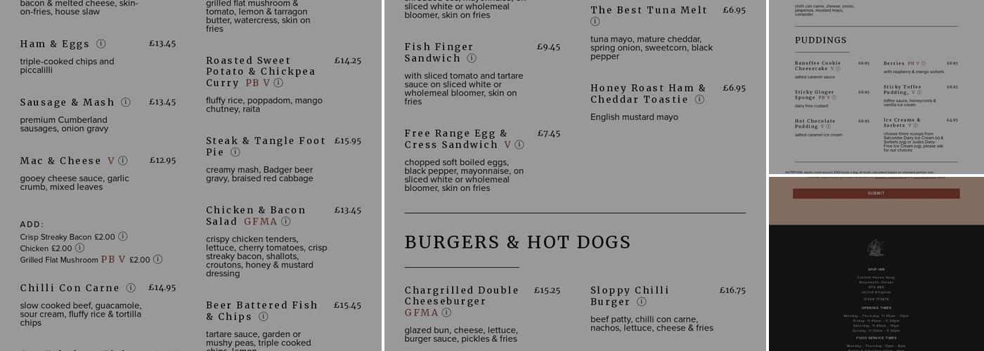 Ship Inn Pub & Restaurant, Weymouth Menu