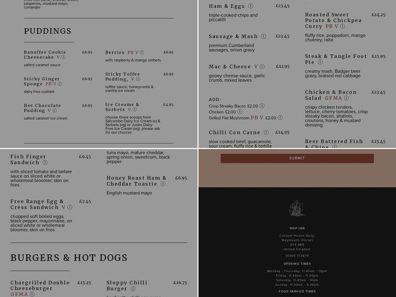 Ship Inn Pub & Restaurant, Weymouth Menu