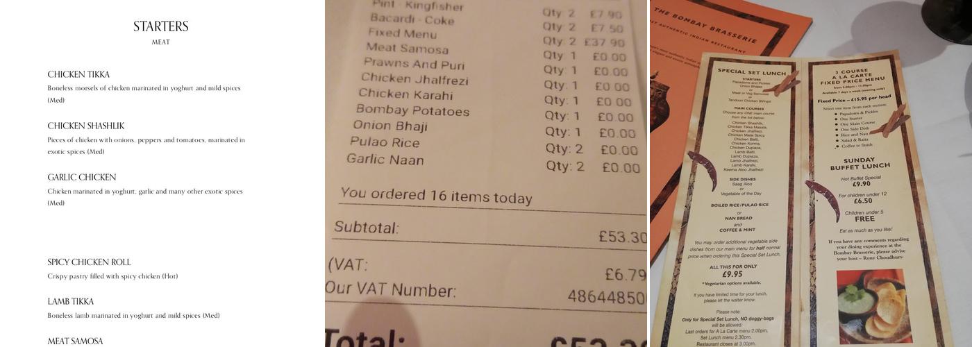 The Bombay Brasserie Menu