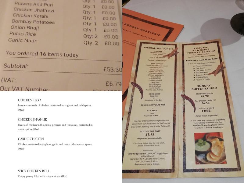 The Bombay Brasserie Menu
