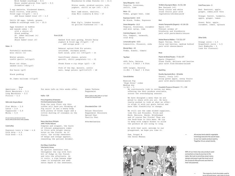 Ozone Coffee Roasters, Shoreditch Menu