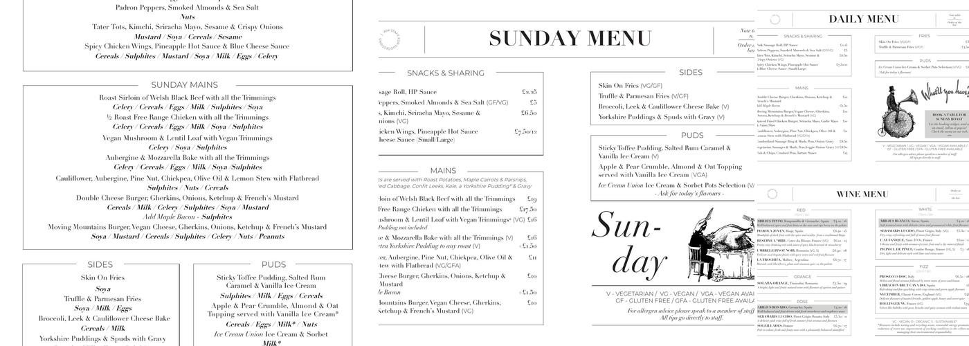 Goldsmiths Arms Menu