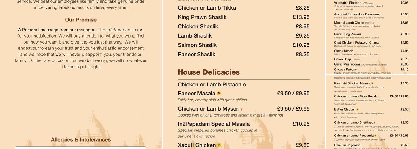 In2 Papadam Menu
