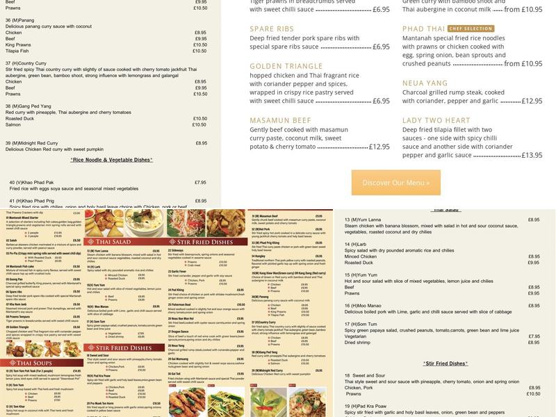 Mantanah Thai Cuisine, South Norwood Menu