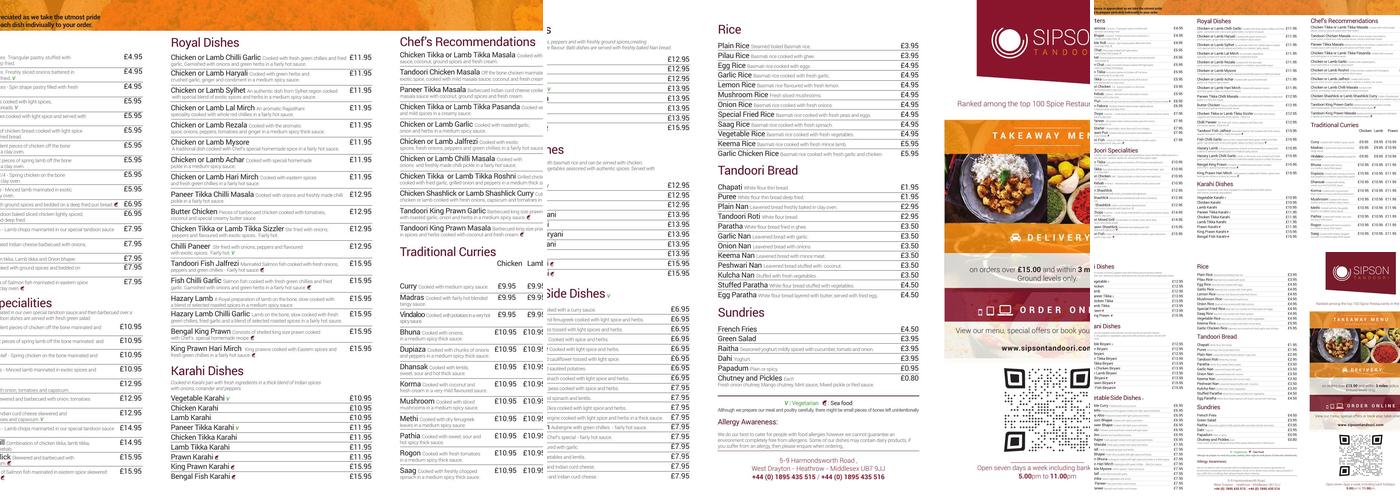 Sipson Tandoori Indian Restaurant Menu
