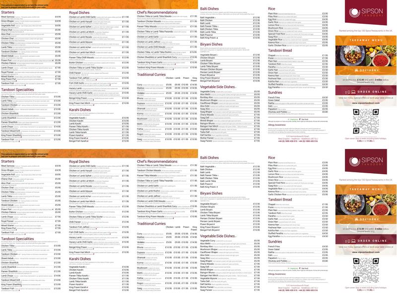 Sipson Tandoori Indian Restaurant Menu