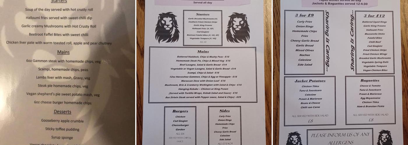 The Black Lion Menu