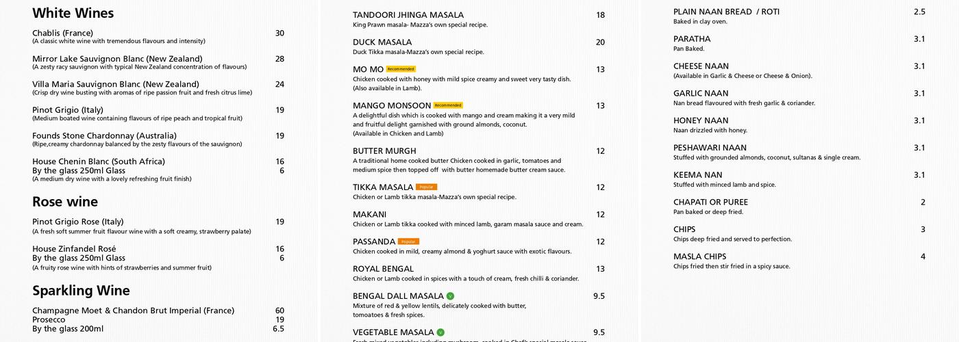 Mazza Restaurant Menu