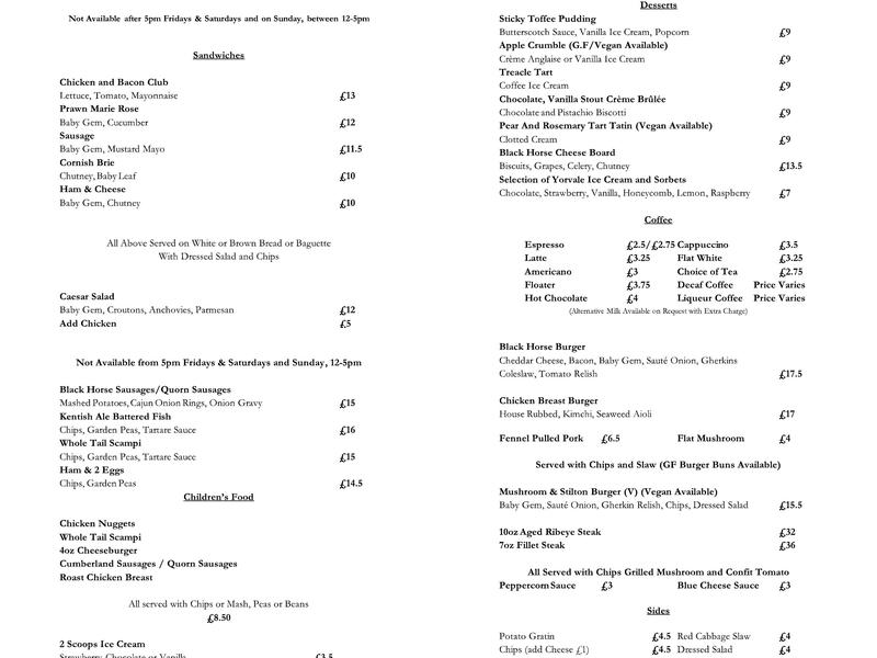 The Black Horse Inn Menu