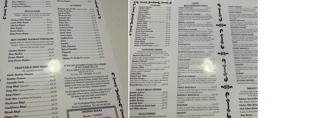 Rahmans Menu
