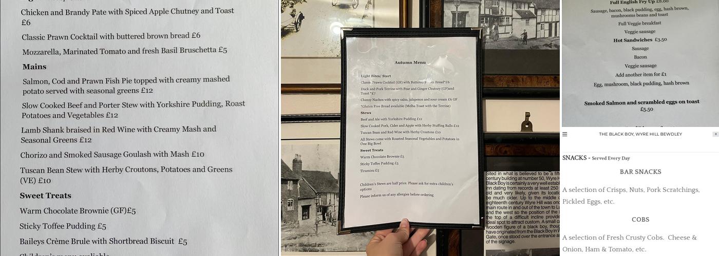 The Black Boy, Wyre Hill Bewdley Menu