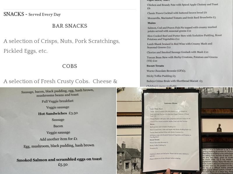 The Black Boy, Wyre Hill Bewdley Menu