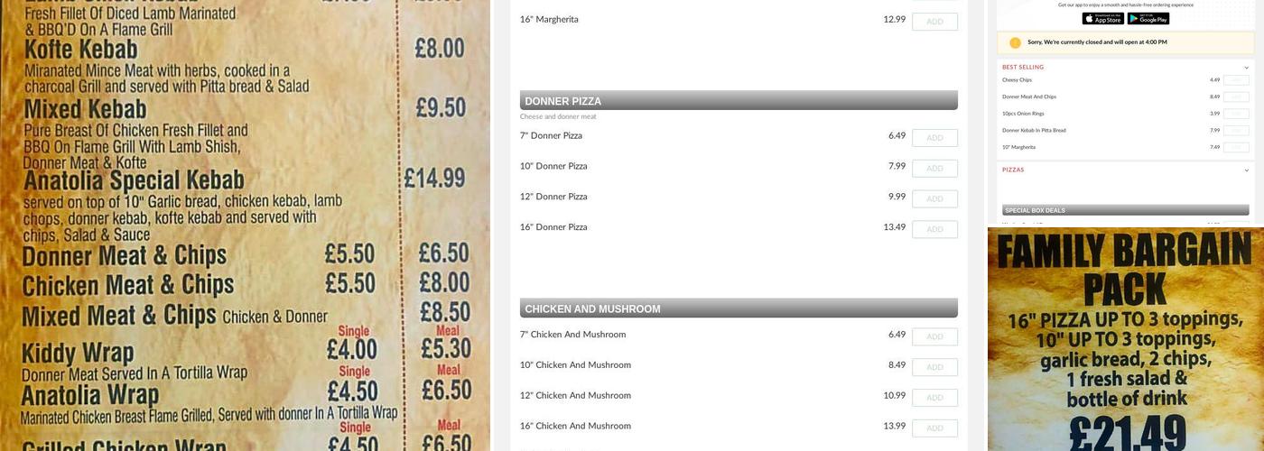 Anatolia Pizza and Kebab House Menu