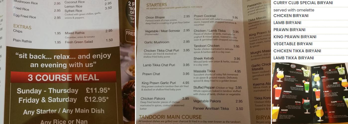 Curry Club Menu